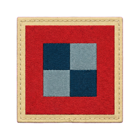 Square embroidered patch — a two-by-two navy and slate checkerboard on a red field with a stitched tan border