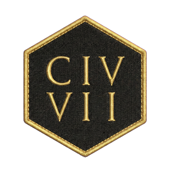 Hexagonal embroidered Civilization VII patch — gold Roman numerals on black twill