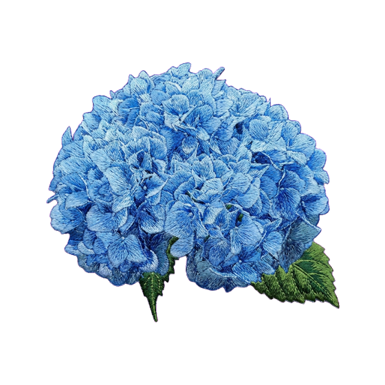 Photoreal embroidered patch of a blue hydrangea bloom with green leaves