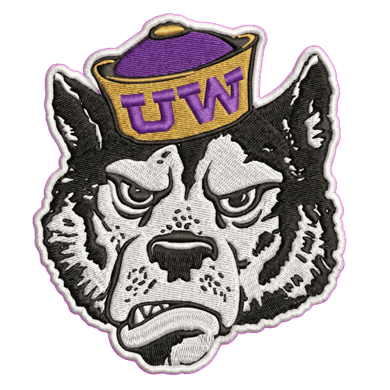 Embroidered patch of a scowling UW husky in a purple-and-gold sailor cap